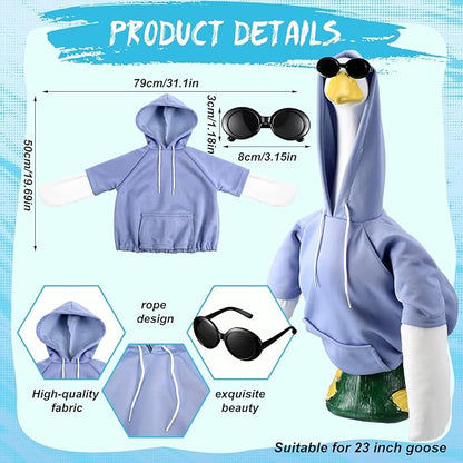 Blue Hoodie Goose Outfit Hooded Sweatshirt Porch Goose Clothes Dress with Wide Hat Sunglass Blue Sweatshirt Geese Costume for 17-23 Inch Geese Statue Luau Outdoor Patio Lawn Yard Garden Decor