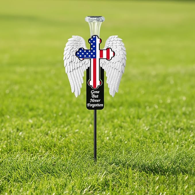 Solar Memorial Cross with Angel Wings - Patriotic American Flag Cemetery Decorations - Waterproof LED Grave Marker, Veterans Day & Father's Day Sympathy Gift for Loss of Loved One(Angel Wings)