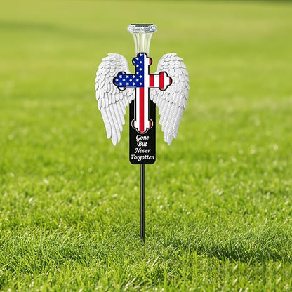 Solar Memorial Cross with Angel Wings - Patriotic American Flag Cemetery Decorations - Waterproof LED Grave Marker, Veterans Day & Father's Day Sympathy Gift for Loss of Loved One(Angel Wings)