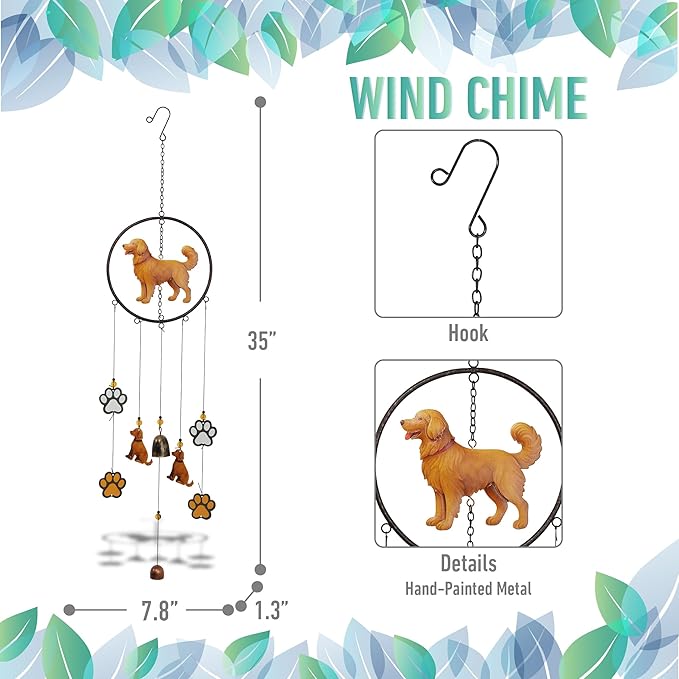 CoTa Global Golden Retriever Dog Wind Chime - Dog in Round Frame Hanging Decor with Bronze Tone Wind Chime Tubes and Round Wind Catcher, Indoor Outdoor Porch Patio Yard Garden Decoration - 35 Inches