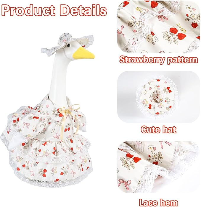 Spring Summer Porch Goose Outfit Set for 23'' Lawn Goose Statue,Strawberry Floral Goose Outfit Lace Sun Hat & Dress Clothes,for Garden Yard Decor (Strawberry Skirt)