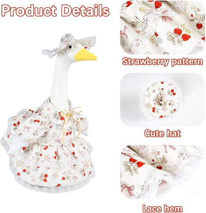 Spring Summer Porch Goose Outfit Set for 23'' Lawn Goose Statue,Strawberry Floral Goose Outfit Lace Sun Hat & Dress Clothes,for Garden Yard Decor (Strawberry Skirt)