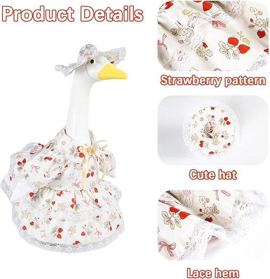 Spring Summer Porch Goose Outfit Set for 23'' Lawn Goose Statue,Strawberry Floral Goose Outfit Lace Sun Hat & Dress Clothes,for Garden Yard Decor (Strawberry Skirt)