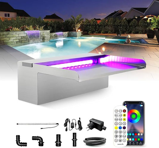 LONGRUN 30cm Pond Waterfall Blade,Stainless Steel Pool Fountain with RGB Bluetooth LED Light, Complete Waterfall & Stream Kits for Outdoor Water Features