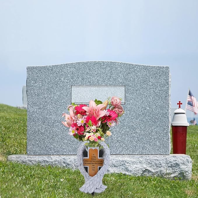Grave Decorations for Cemetery， Heaven Angel Wing Cross, Graveyard Decorations, Vase with Solar LED Lamp, Resin Decorated Bereavement Statue, Gift in Memory of Relatives (White)