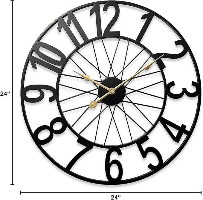 Large Wall Clock, Modern Black Decorative Wall Clock Silent Non Ticking Battery Operated, 24 Inch Wheel Metal Clock for Outdoor Covered Patio, Pool Area, Living Room, Farmhouse, Kitchen