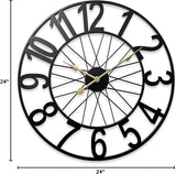 Large Wall Clock, Modern Black Decorative Wall Clock Silent Non Ticking Battery Operated, 24 Inch Wheel Metal Clock for Outdoor Covered Patio, Pool Area, Living Room, Farmhouse, Kitchen