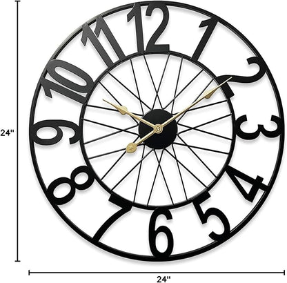 Large Wall Clock, Modern Black Decorative Wall Clock Silent Non Ticking Battery Operated, 24 Inch Wheel Metal Clock for Outdoor Covered Patio, Pool Area, Living Room, Farmhouse, Kitchen