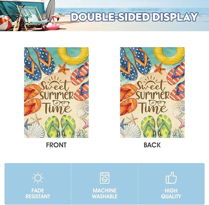 AVOIN colorlife Summer Beach Flip Flops Garden Flag 12x18 Inch Double Sided, Welcome Seasonal Coastal Burlap Yard Outdoor Decoration