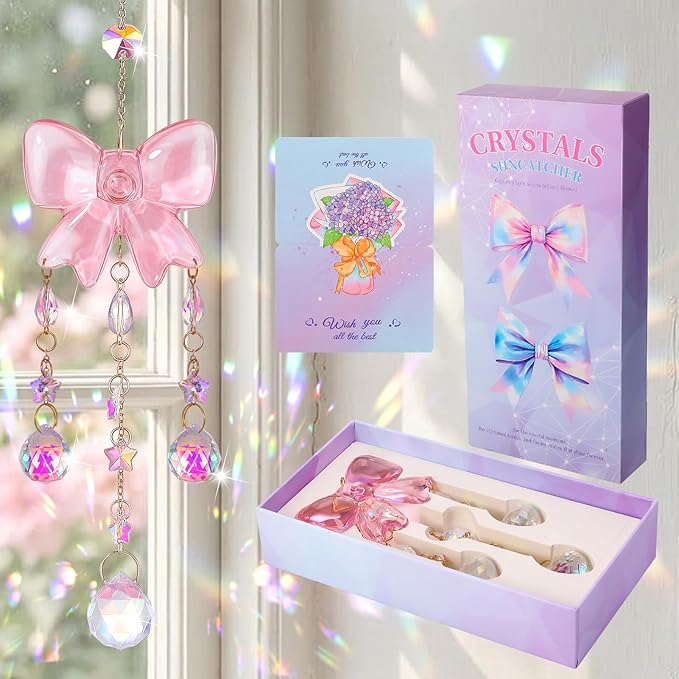 Crystal Suncatchers for Window Pink Bow Ornaments Hanging Clear Wind Chime with Chains for Garden Wedding Girls Mom Room Decor Xmas DIY Gift