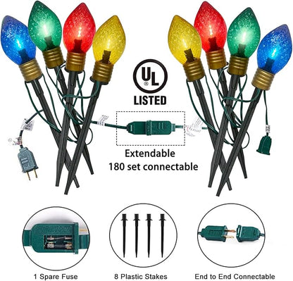 Jumbo C9 Christmas Pathway Lights Outdoor,7FT Jumbo Christmas Lights with Pathway Marker Stakes and 4 LED Diamond Pattern Multicolor Bulb for Holiday Outside Yard Garden Decor,4 Lights