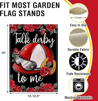 Artofy Kentucky Helmet Small Decorative Garden Flag, Talk Derby To Me Roses Churchill Downs Yard Lawn Outside Decor, Horse Racing Horseshoe Burlap Outdoor Home Decoration Double Sided 12 x 18