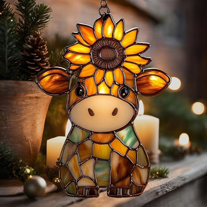 Mosaic Cow and Sunflowers Lover Acrylic Suncatcher Stained Glass Effect Window Car Hanging Christmas Ornament Indoor Outdoor Decor Garden Sun Catcher Panel for Cow Lover for Women Mom Grandma