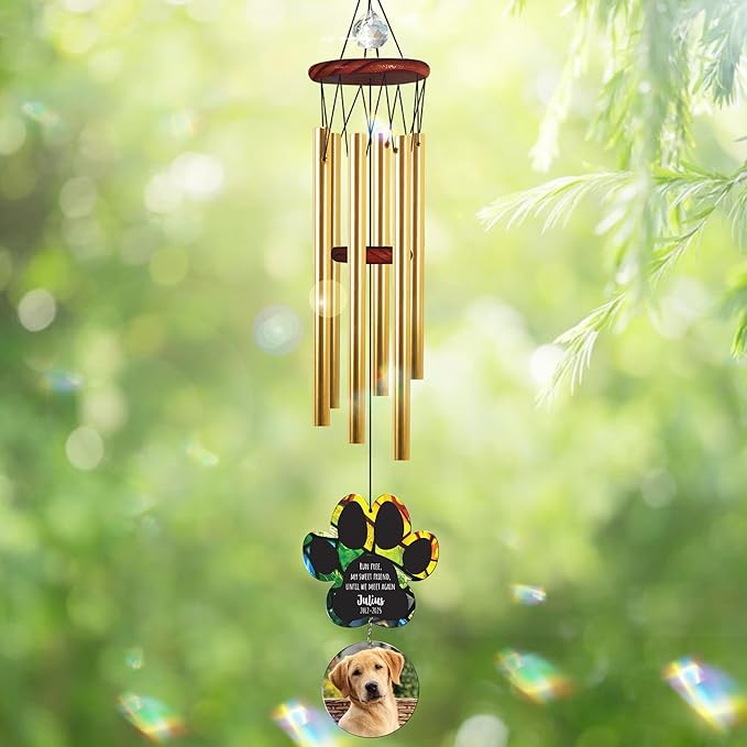 Personalized Pet Memorial Wind Chimes, Custom Photo Crystal Paw Print Suncatcher Ornament, Pet Keepsake Memorial Sympathy Gift for Loss of Dog Cat Lover, Remembrance Wind Chimes Outdoor Décor