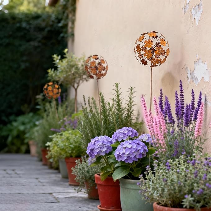 2 Pack Metal Flower Stakes for Outside, 3D Rusty Metal Plants Garden Statues Yard Art, Outdooor Decorative Garden Stake for Flower Bed Lawn Balcony Flower Pot (Style 2)