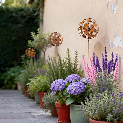 2 Pack Metal Flower Stakes for Outside, 3D Rusty Metal Plants Garden Statues Yard Art, Outdooor Decorative Garden Stake for Flower Bed Lawn Balcony Flower Pot (Style 2)