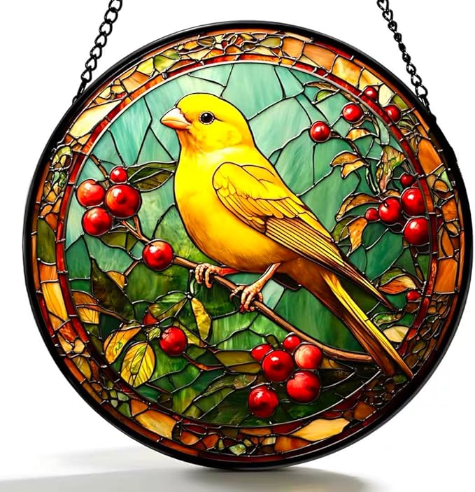 Funoasis Stained Glass Window Hanging 6.3 Inches Suncatcher - A Canary Inhabits Between Branches and Leaves with Red Fruits Ornaments Sun Catcher Home Decor Women Birthday
