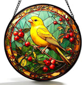 Funoasis Stained Glass Window Hanging 6.3 Inches Suncatcher - A Canary Inhabits Between Branches and Leaves with Red Fruits Ornaments Sun Catcher Home Decor Women Birthday
