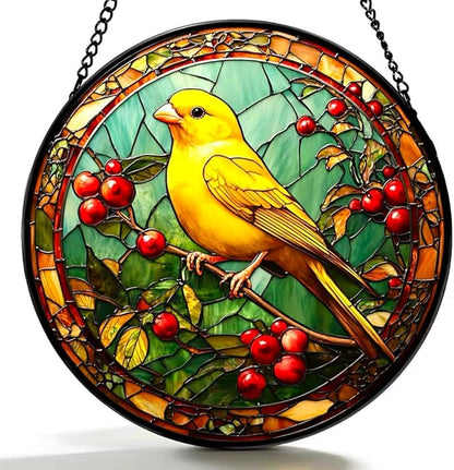 Funoasis Stained Glass Window Hanging 6.3 Inches Suncatcher - A Canary Inhabits Between Branches and Leaves with Red Fruits Ornaments Sun Catcher Home Decor Women Birthday