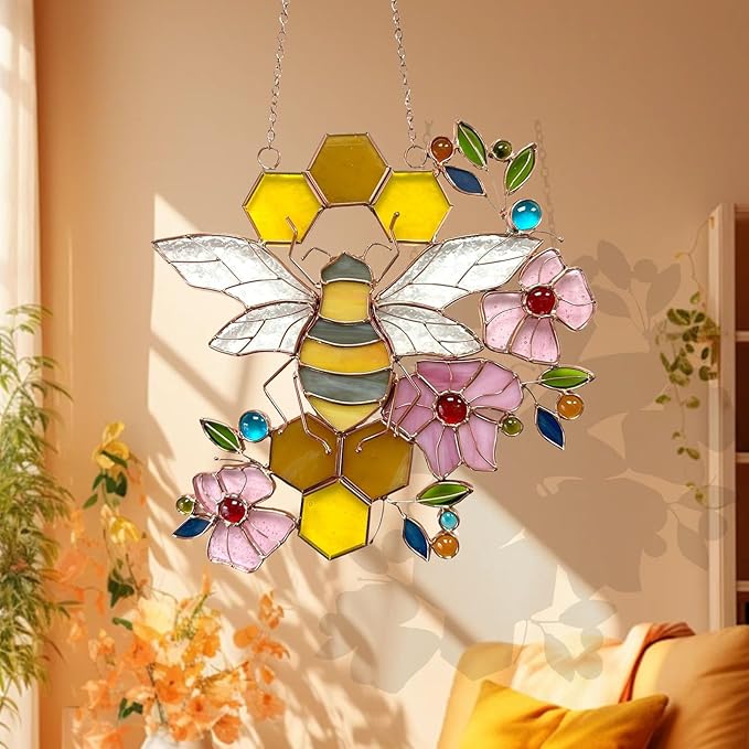 Honeybee with Flowers Ornaments Bee Handmade Stained Glass Window Hanging Suncatcher for Indoor/Outdoor Window Garden Home Kitchen Decor Gift for Women Teacher Bee Lover