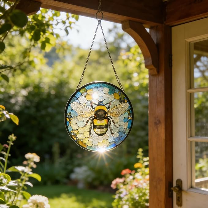 Ice Crack Bee Stained Glass Window Hanging, Bumblebee on Honeycomb Suncatchers for Windows Hanging Ornament for Home, Mother's Day Birthday Gift for Mom Grandma (8""/20cm)