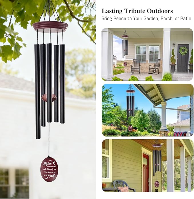 Sympathy Wind Chimes for Outside, 33.5" Large Memorial Wind Chime with Bird & Heart Sail, Remembrance Gift for Loss of Mother Father, Listen to the Wind Bereavement Gift, Black