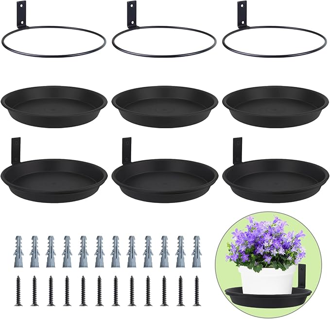 Wall Mount Plant Holder with Saucer Trays 8 inch, 6 Pack Heavy Duty Metal Fence Mounted Plant Holders for Wall, Ring Flower Pot Hanger Planter Bracket for Outside Indoor Outdoor Bird Feeder