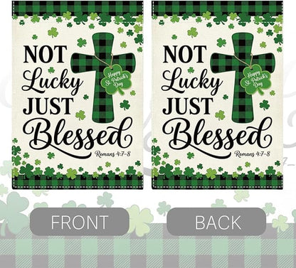 St Patricks Day Irish Blessed Garden Flag Christian Cross Lucky Shamrock Irish March Garden Flag Happy St Patricks Day Double Sided Outdoor House Flag for Outside Yard Decorations 12×18 Inch