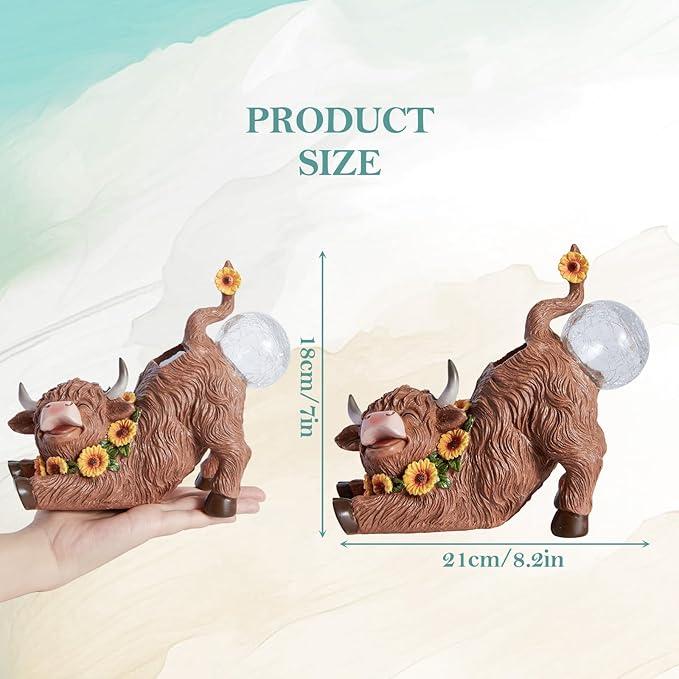 WDS WONDROUS Solar Highland Cow Outdoor Decor with LED Butt Light, Garden Cow Decorations for Home with Sunflowers, Resin Highland Cow Figurine Gifts for Women Yard Porch Decor Farmhouse Night Light