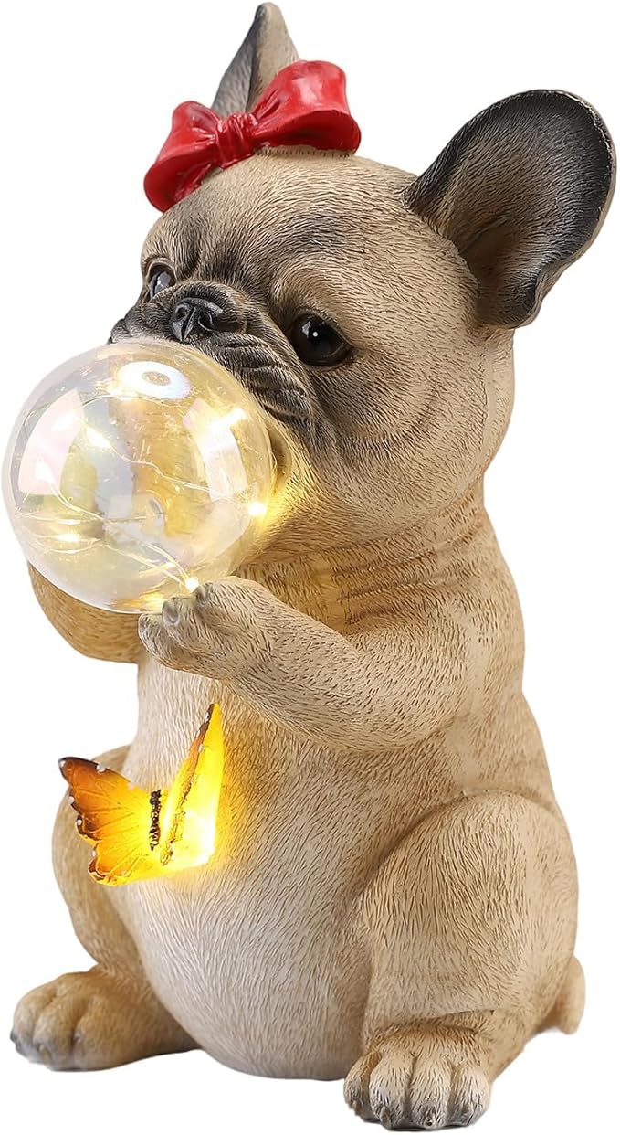9.8" Solar Dog Garden Statue with Bubble & Butterfly Lights, Cute Sitting Puppy Resin Outdoor Decor, Waterproof Solar Powered Animal Statue for Yard, Lawn, Garden