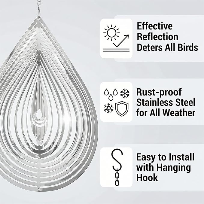 12PCS Stainless Steel Bird Deterrent Wind Spinners for Outside – Reflective Outdoor Bird Repellent Hanging Ornaments, Humane Pigeon Scarer for Yard Garden, Balcony, Patio, Roof & Window (12, Teardrop)