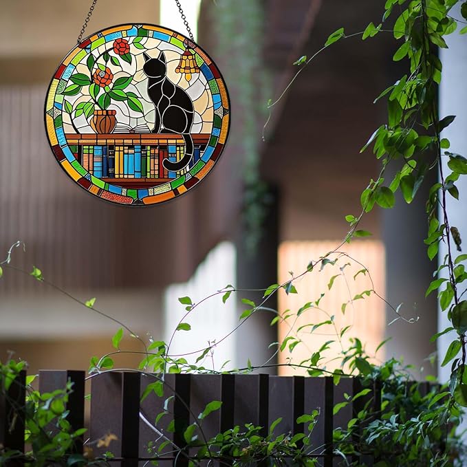 Cat Sun Catcher Stained Glass Window Hanging 9.8'', Book Lover Gifts for Women Book Wall Decor Handmade Sun Catcher Black Cat Sitting On Bookshelf Decoration for Home Room Housewarming Gifts