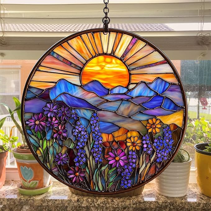 Flower Forest Hill Acrylic Suncatcher Stained Glass Effect Window Car Hanging Christmas Ornament Indoor Outdoor Decor Garden Sun Catcher Panel for Scenery Lover for Women Mom Grandma