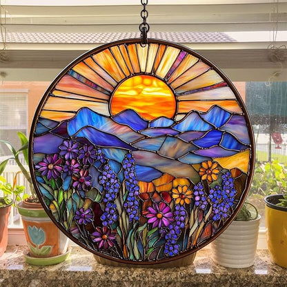 Flower Forest Hill Acrylic Suncatcher Stained Glass Effect Window Car Hanging Christmas Ornament Indoor Outdoor Decor Garden Sun Catcher Panel for Scenery Lover for Women Mom Grandma