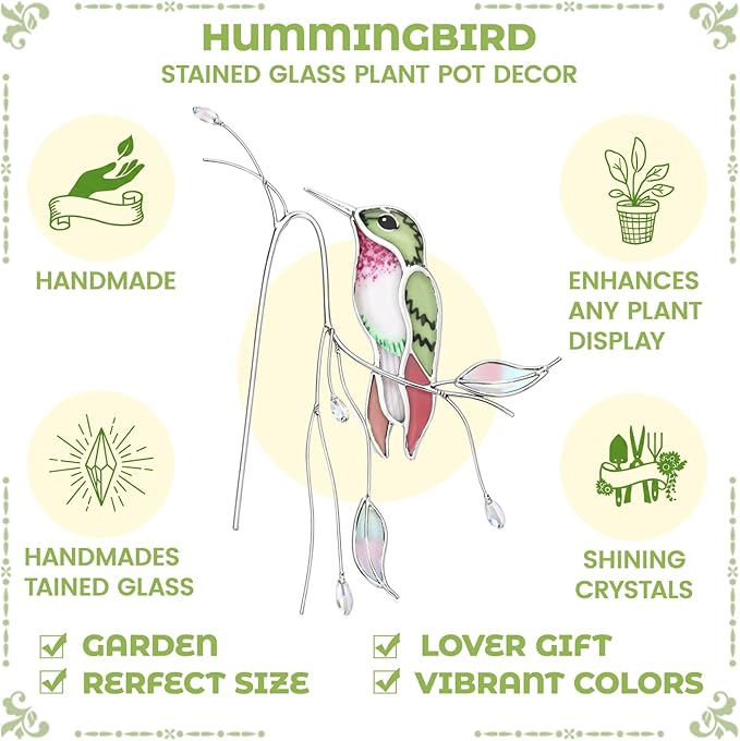 Sliner Hummingbird Stained Glass Suncatcher Decor for Indoor Outdoor Plants, Stained Glass Humming Bird Decoration for Garden Planters Hanging Plant, Handmade Gifts for Women Mom