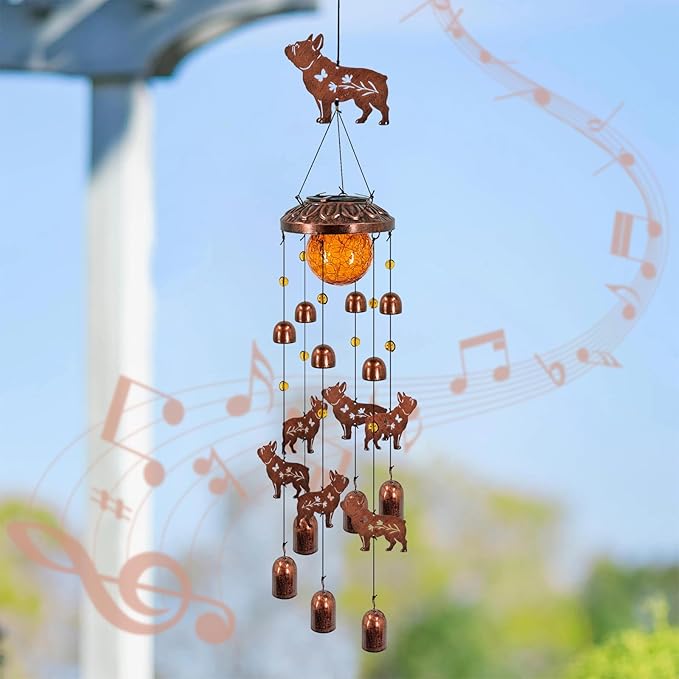 French Bulldog Solar Wind Chimes for Outside,Metal Dog WindChimes with Cracked Glass Lights,Hanging Solar Lights Outdoor,Yard,Patio,Garden,Porch Decor