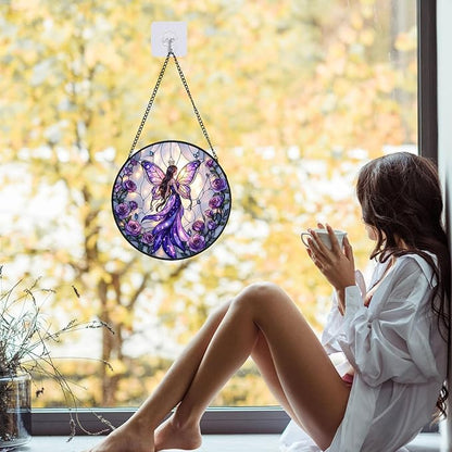 Fairy Stained Glass Suncather for Window Hanging with Butterfly Wing, 6.3'' Purple Fairy Ornament Gift for Women, Whimsical Wall Art Home Decor Gifts for Mom, Grandma (Purple Fairy, 6.3'')