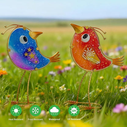 HONGLAND Garden Decor for Outside, Funny Metal & Glass Bird Decor Indoor Outdoor Set of 2, Yard Art Decorations with Housewarming Gift Idea, Colorful Garden Statues