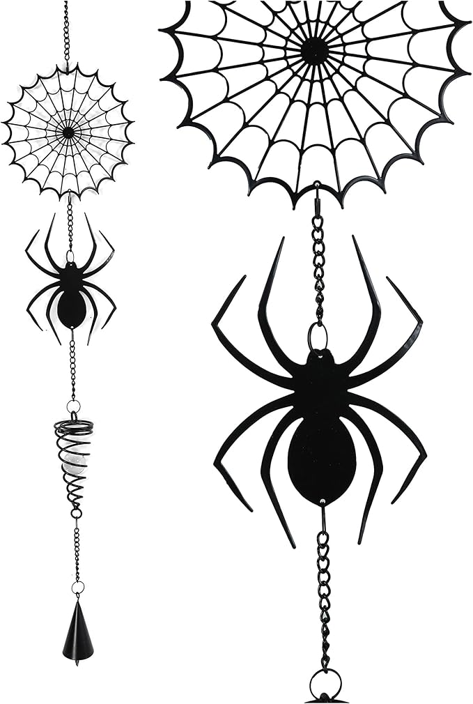 Ebros Gift Arachnid Spider Web Cobweb Black Coated Steel Metal Wall Hanging Wind Chime with Beads Home and Patio Decor Gothic Halloween Macabre Spiders Webs Mobile Noisemaker