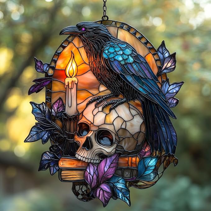 Raven and Skull Acrylic Suncatcher Stained Glass Effect Window Car Hanging Christmas Ornament Indoor Outdoor Decor Garden Sun Catcher Panel for Gothic Lover for Women Mom Grandma