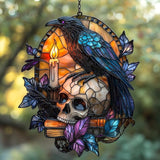 Raven and Skull Acrylic Suncatcher Stained Glass Effect Window Car Hanging Christmas Ornament Indoor Outdoor Decor Garden Sun Catcher Panel for Gothic Lover for Women Mom Grandma