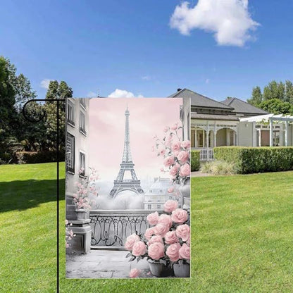 Gkyygk Eiffel Tower Pink Roses Paris Welcome Garden Flag 12x18 Inch Banners Vertical Double Sided Small Yard Flag Burlap Farmhouse Outdoor Lawn Patio Decor