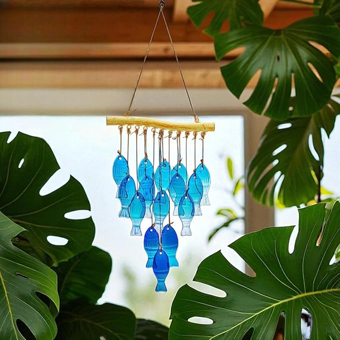 H&D HYALINE & DORA 23" Blue Glass Sea Wind Chimes - Handcrafted Fish Wind Chimes for Outside, Beach Party & Wedding Decor