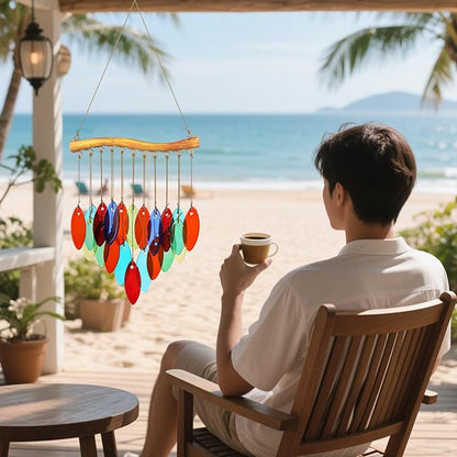 Color Leave Glass Wind Chimes for Outside, Fall Leaves Windcmes Outdoors Unique Suncatcher, Small Sea Glass Art Wind Chimes Outdoor Gifts for Women, Hanging Outdoor Garden Christmas Decoration Gift