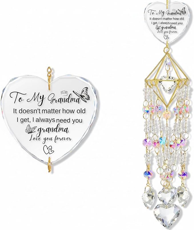 AceOrbit Grandma Thank You Gift, Crystal Suncatchers for Window Hanging Wind Chime Garden Suncatchers Rainbow Indoor Outdoor Decor Dazzling Unique Birthday Gifts for Grandma