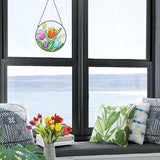 Tuitessine Tulip Suncatcher Stained Glass Window Hanging Panels, 6.3''x6.3'' Round Handmade Hanging Ornament with Chain, Garden Patio Wall Decor Flower Gift for Mom Teachers Friends