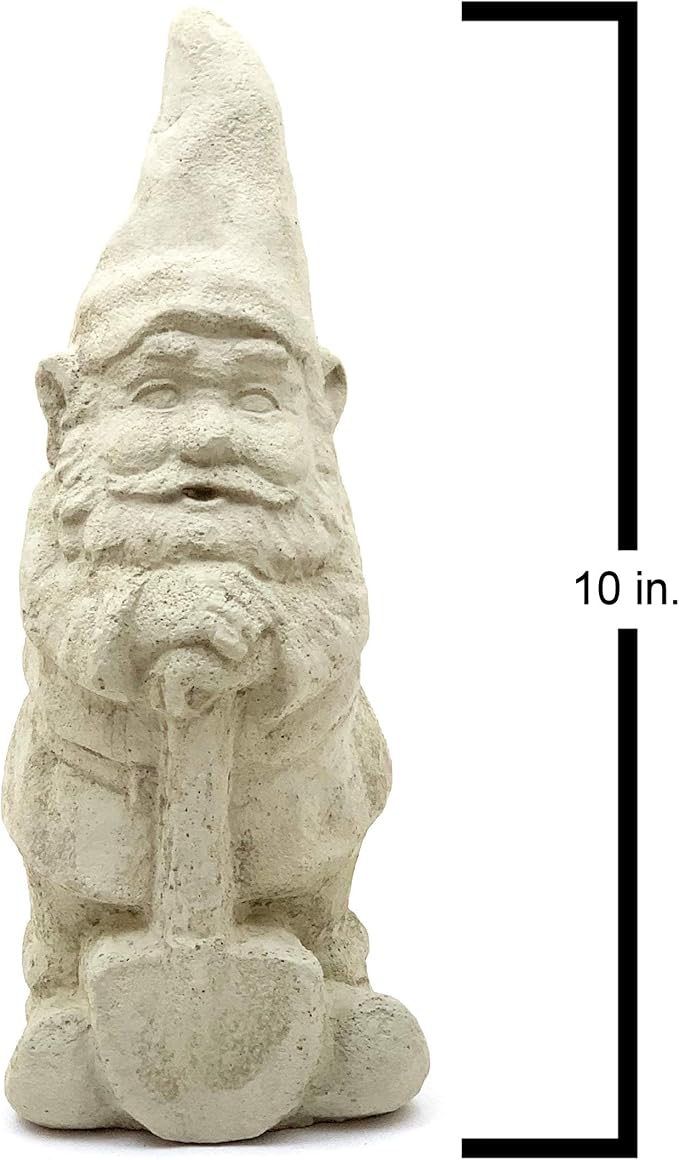 Garden Gnome with Shovel: Solid Durable Stone Statue with Vintage Texture. Sealed for Outdoors. Handcrafted USA. (Classic/White)