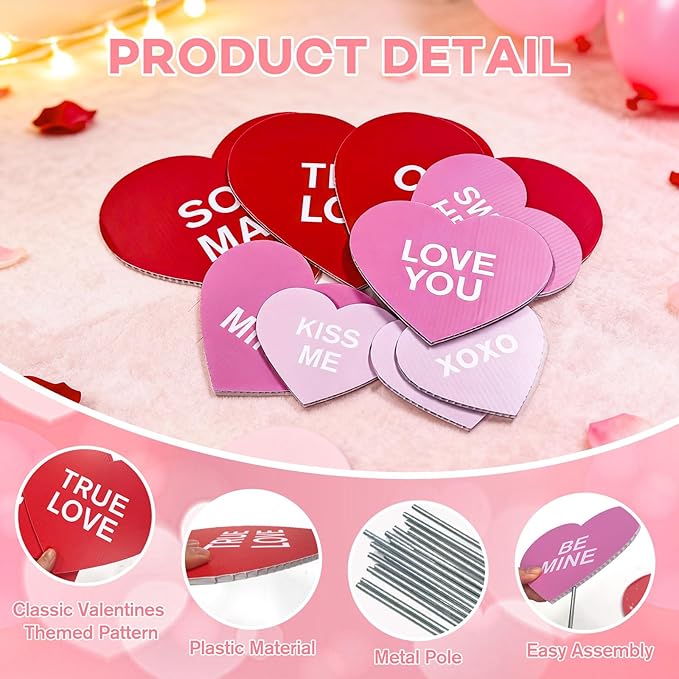 KEOHOLI 9 Pcs Valentine Yard Sign Valentine's Day Yard Stake with Conversation Heart Valentines Garden Stake Valentines Day Outdoor Decorations for Pathway Wedding Lawn