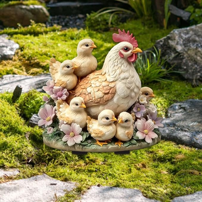 Garden Stake Decor, Acrylic 2D Flat Animal Statue, Fairy Sculptures Ornament Indoor Outdoor Yard Lawn Pot Plant Decorative Accessories (Hens and Chicks)