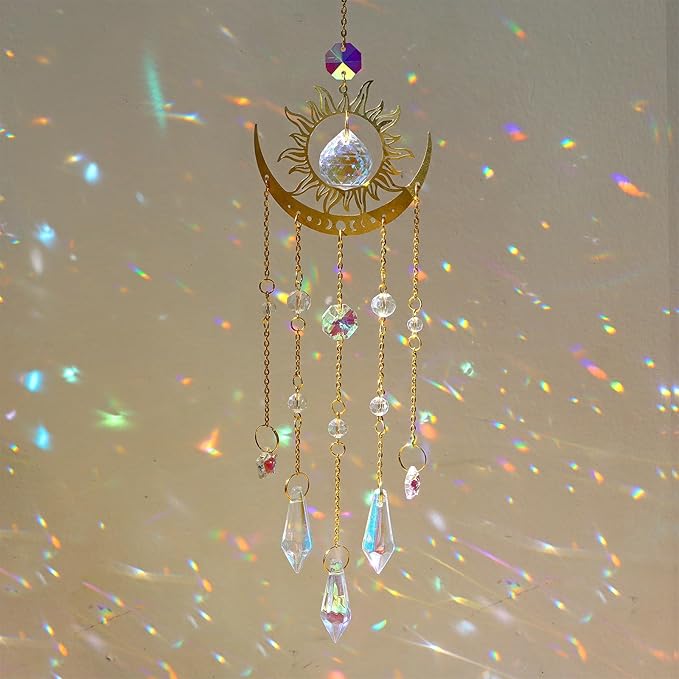 DEMIUKO Crystal Suncatcher, Suncatchers for Windows Hanging Prism Rainbow Maker Suncatchers with Crystals Indoor Outdoor Home Garden Decor for Birthday Thanks Giving Christmas(Sun and Moon)